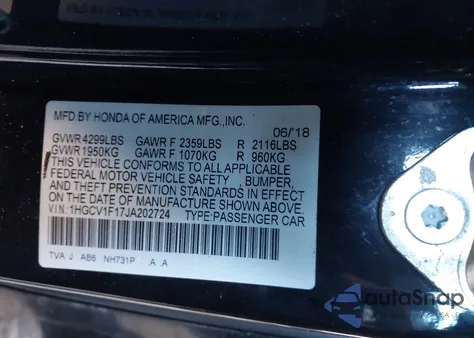 2018 Honda Accord Lx z USA, uszkodzony, nr VIN 1HGCV1F17JA202724